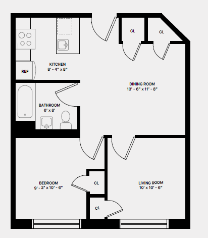 Floor plan for 2 beds, 1 bath, 559 sqft